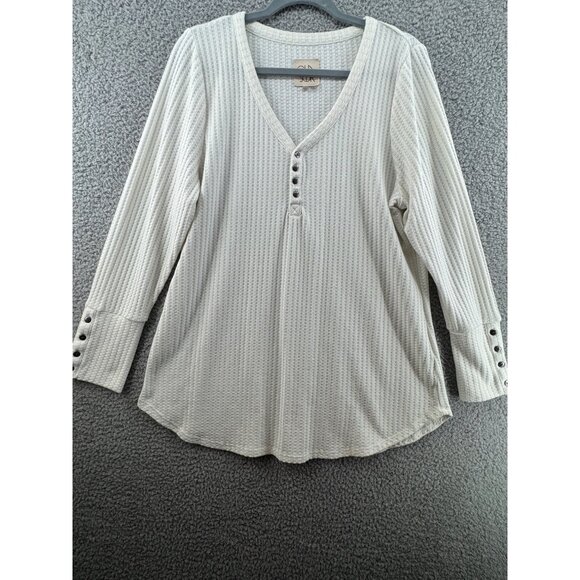 Chaser Womens Cream Waffle Henley Long Sleeve Top With Button Accents Size XXL - Picture 1 of 7